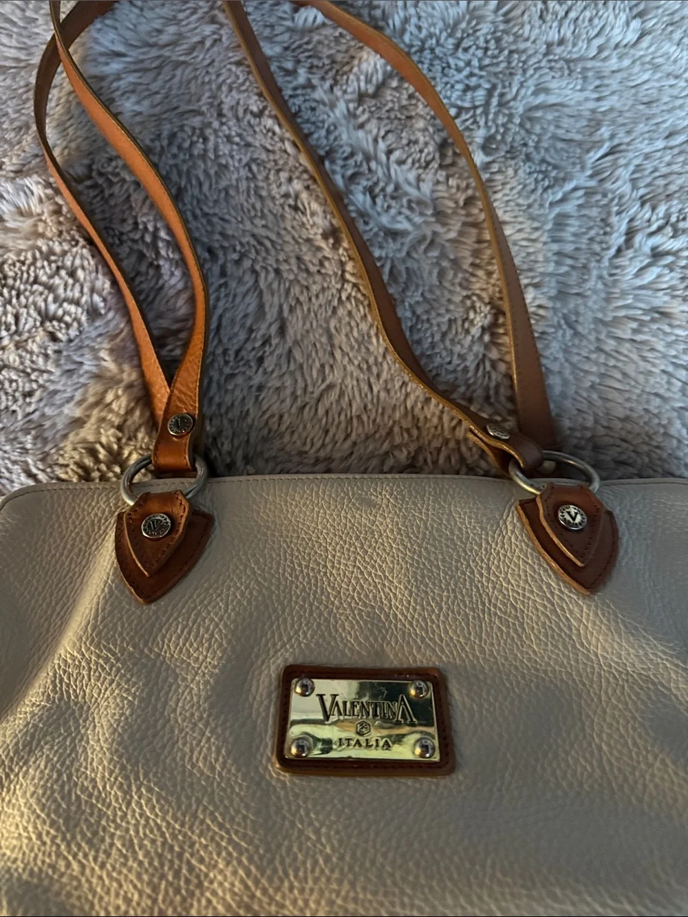 Valentina Cream Satchel with Tan Accents and Gold Plate